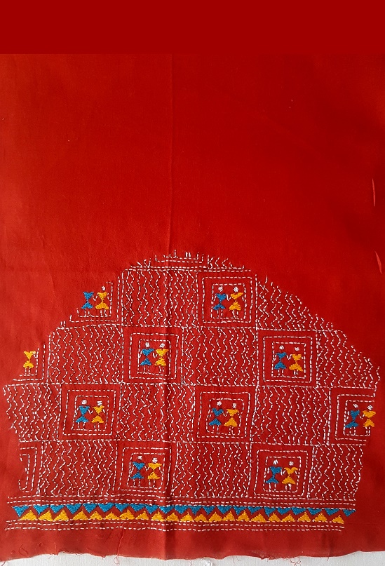 Red Warli Kantha Blouse Material